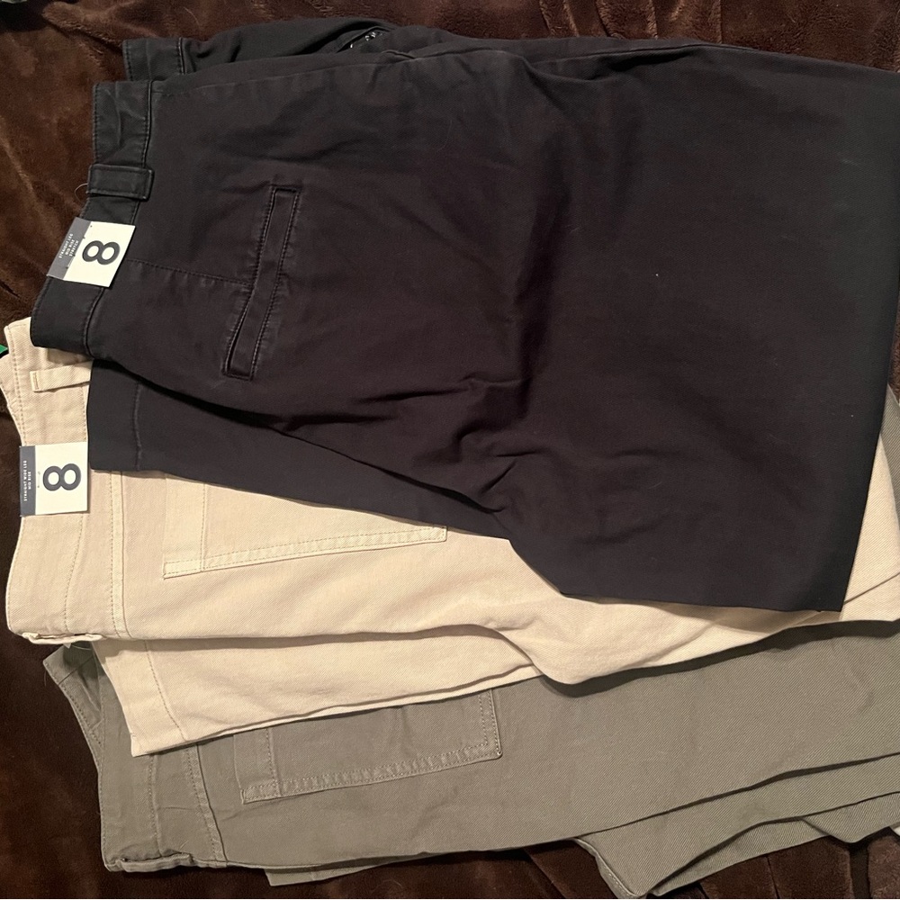 3 pairs of NWT pants from Gap. Size 8. Khaki, Black and olive green.